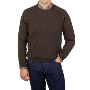Alan Paine Cocoa Brown Lambswool Crew Neck Front