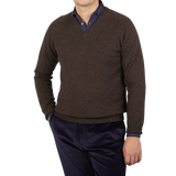 Alan Paine Cocoa Brown Lambswool V-Neck Front