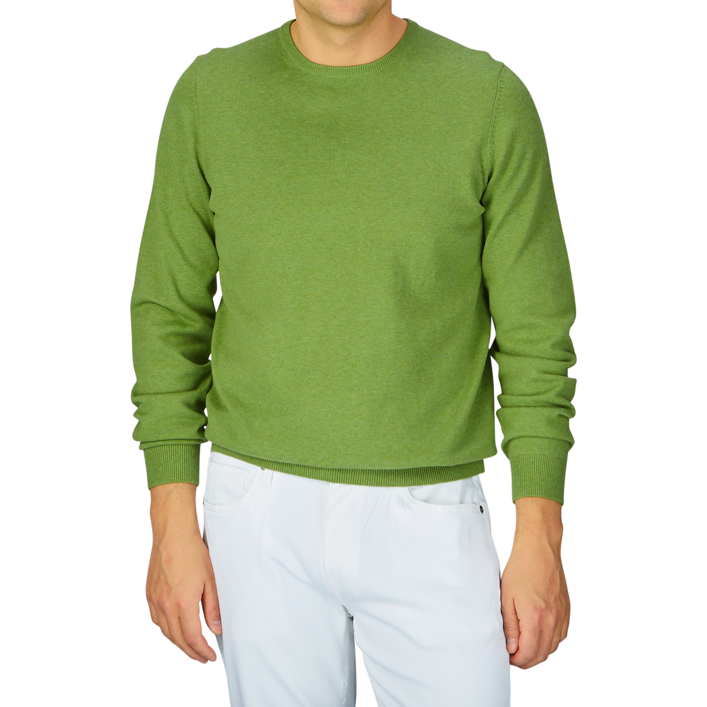 Man wearing a Avocado Green Luxury Cotton Crewneck by Alan Paine and white pants.