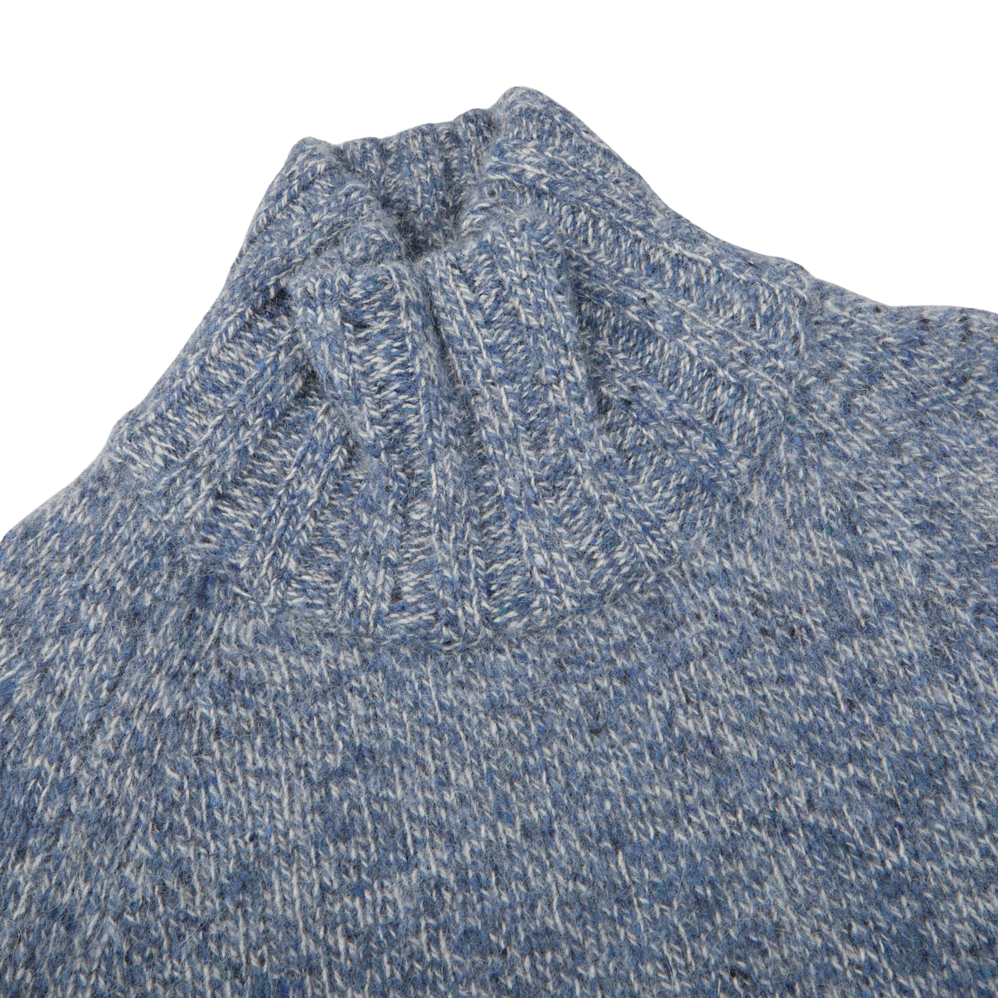 A close up of a regular fit Alan Paine Blue Spreckle Wool Alpaca Tweed Roll Neck sweater.