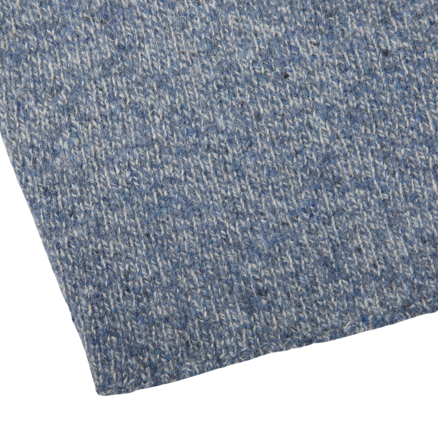 A close up image of an Alan Paine Blue Spreckle Wool Alpaca Tweed Roll Neck shirt.