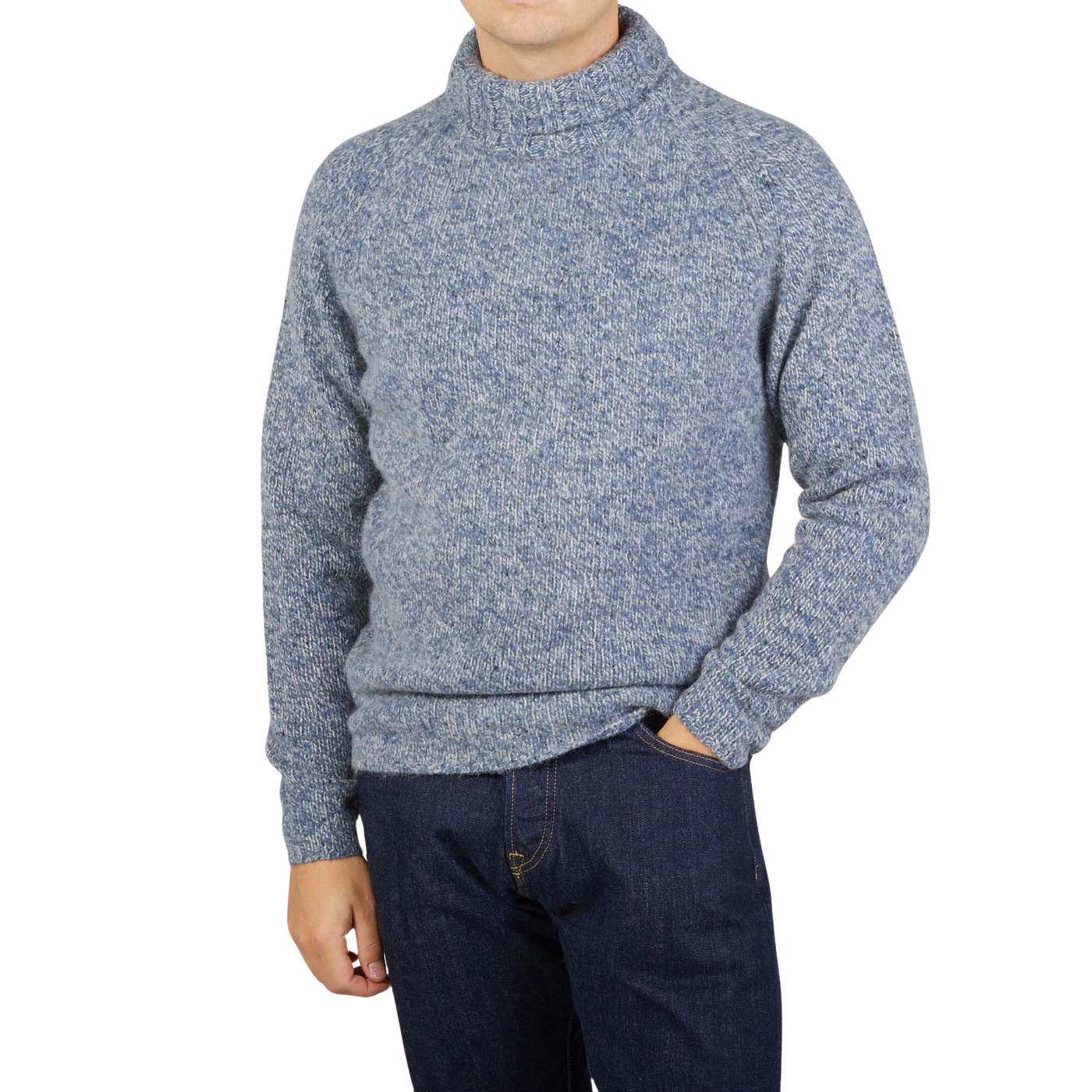 A man wearing an Alan Paine regular fit Spreckle Wool Alpaca Tweed Roll Neck sweater.