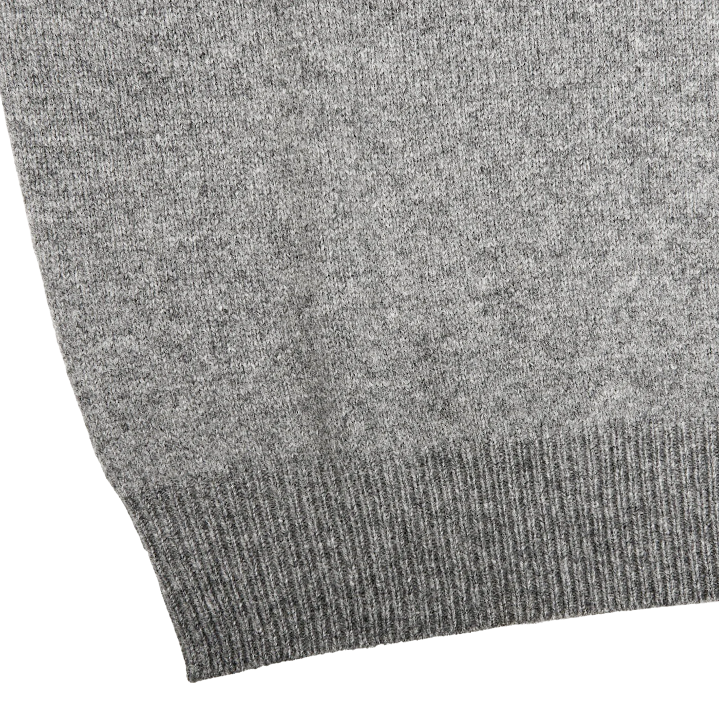 Close-up of the bottom portion of an Alan Paine Grey Melange Lambswool V-Neck, showcasing ribbed detailing at the hem.