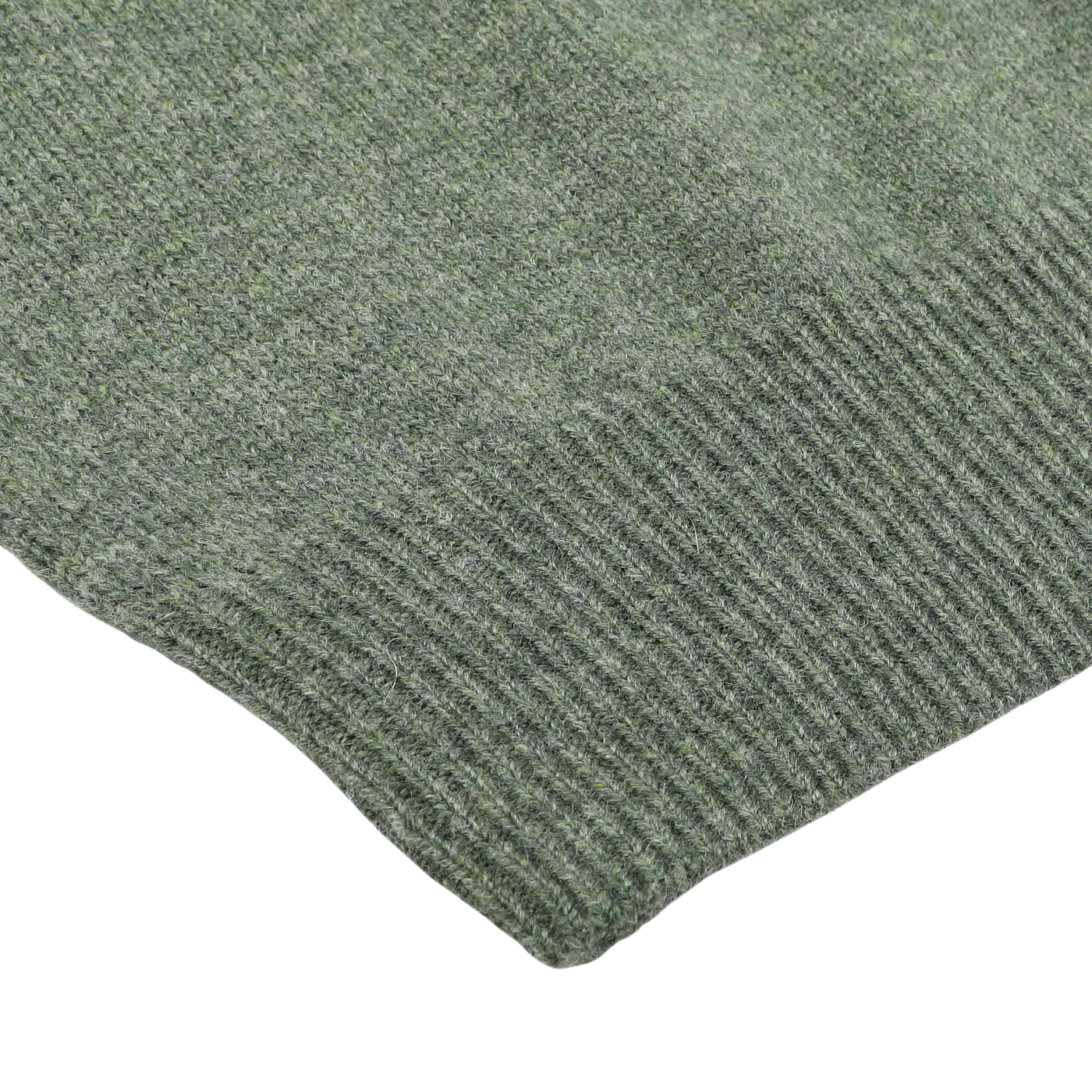 Close-up of the Landscape Green Lambswool Crew Neck from Alan Paine, showcasing its ribbed edge and contemporary fit. The texture of the Australian lambswool yarn is clearly visible.