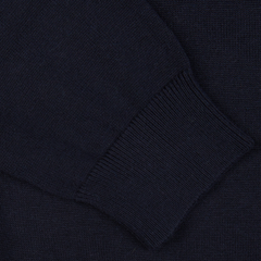 Close-up of Alan Paine's Navy Blue Luxury Cotton Crewneck with a ribbed cuff detail.