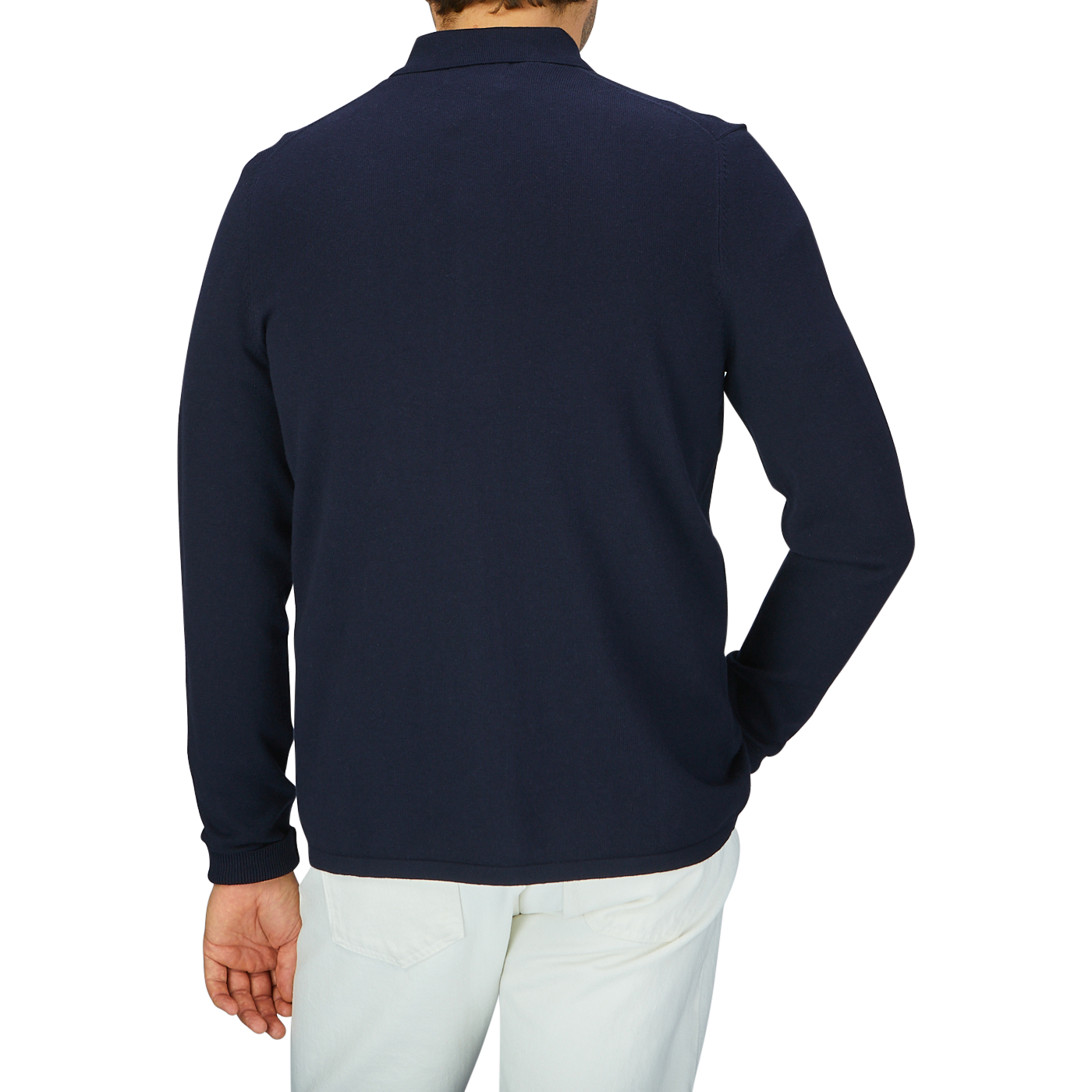 The back view of a man wearing an Alan Paine Navy Blue Luxury Cotton Knitted Overshirt.
