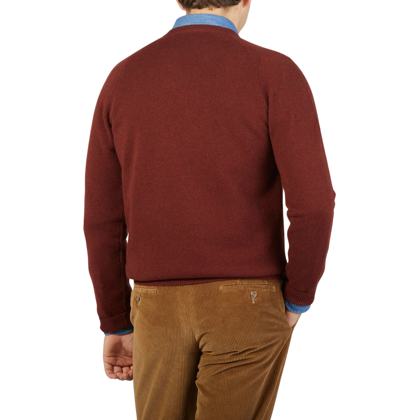 The back view of a man wearing an Alan Paine Nebula Red Brown Lambswool V-Neck sweater.