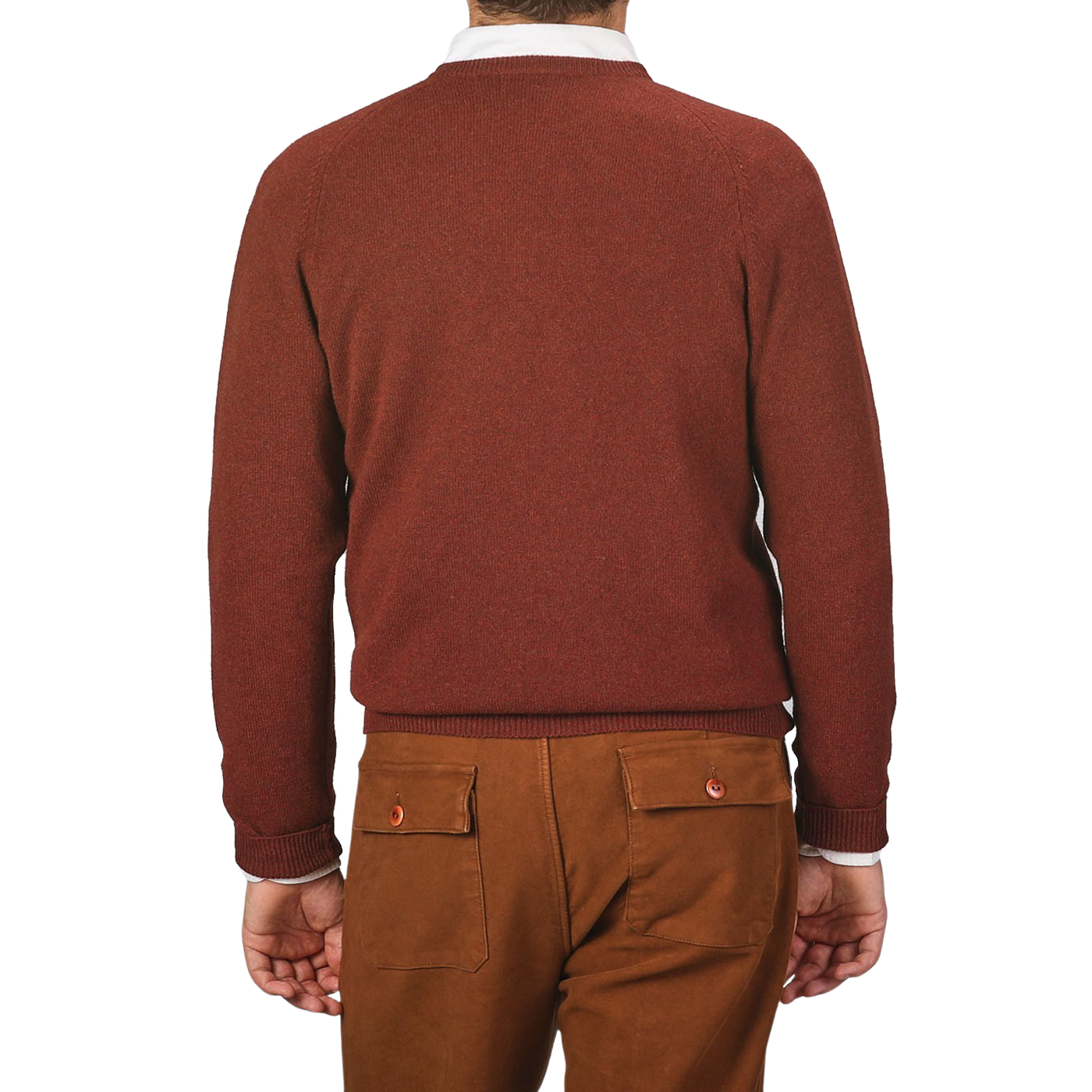 Back view of a person wearing an Alan Paine Nebula Red Brown Lambswool V-Neck and brown pants, standing against a plain background.