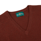 An Alan Paine Nebula Red Brown Lambswool V-Neck sweater with a green label.