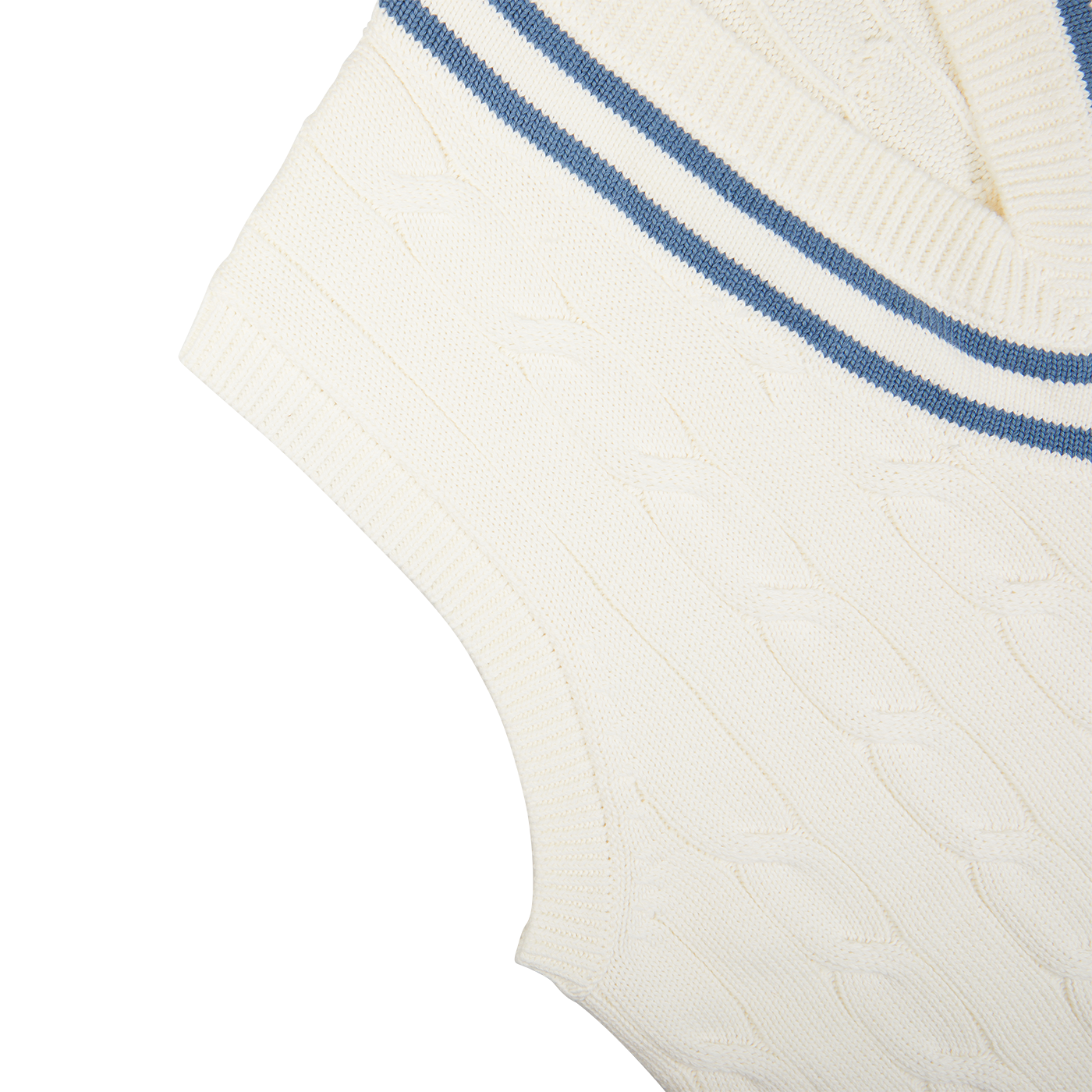 Close-up of an Alan Paine Off-White Blue Striped Cotton Cricket Slipover with a ribbed neckline.