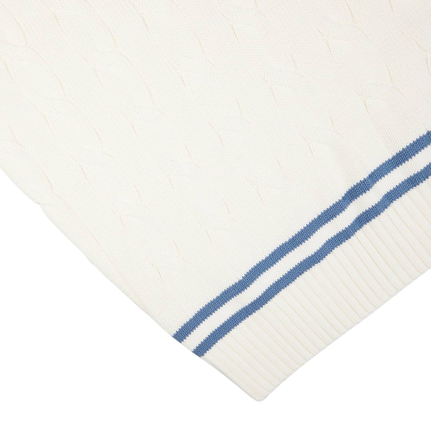 Close-up of an Off-White Blue Striped Cotton Cricket Slipover with a ribbed texture, by Alan Paine.
