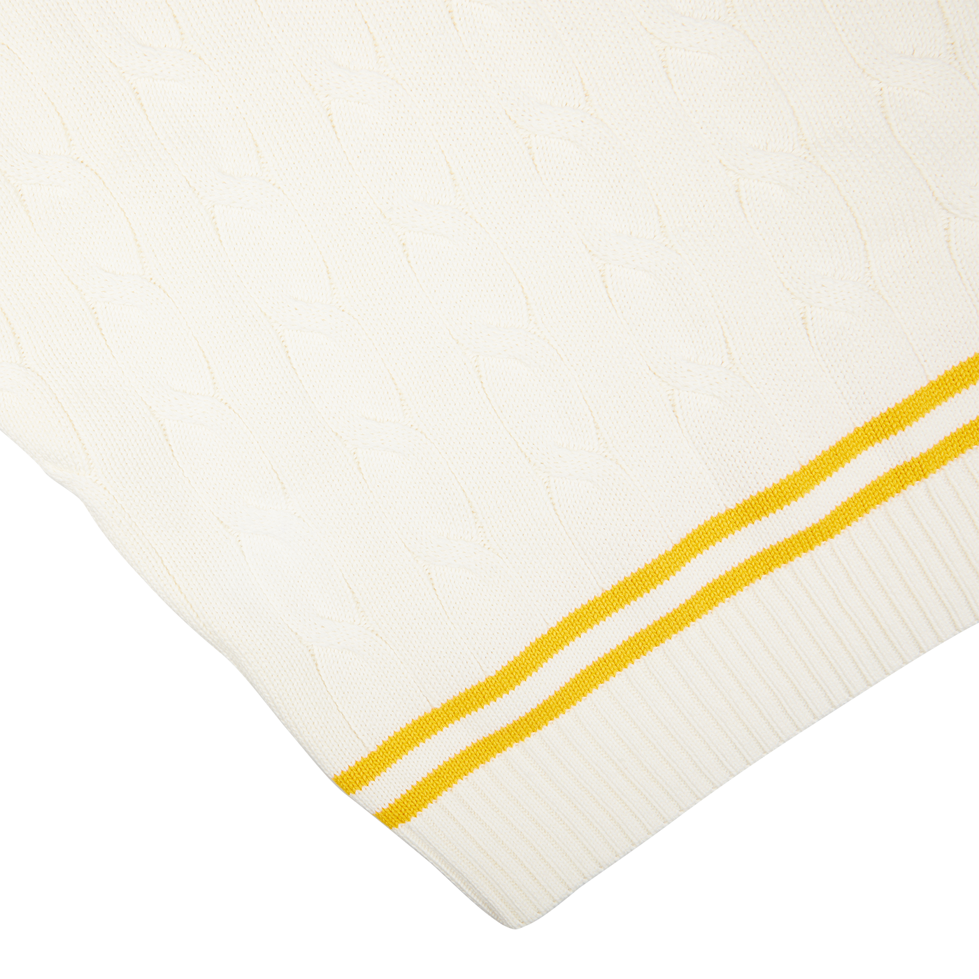 A close-up of a Off-White Yellow Striped Cotton Cricket Slipover fabric from Alan Paine with yellow stripes on the edge.