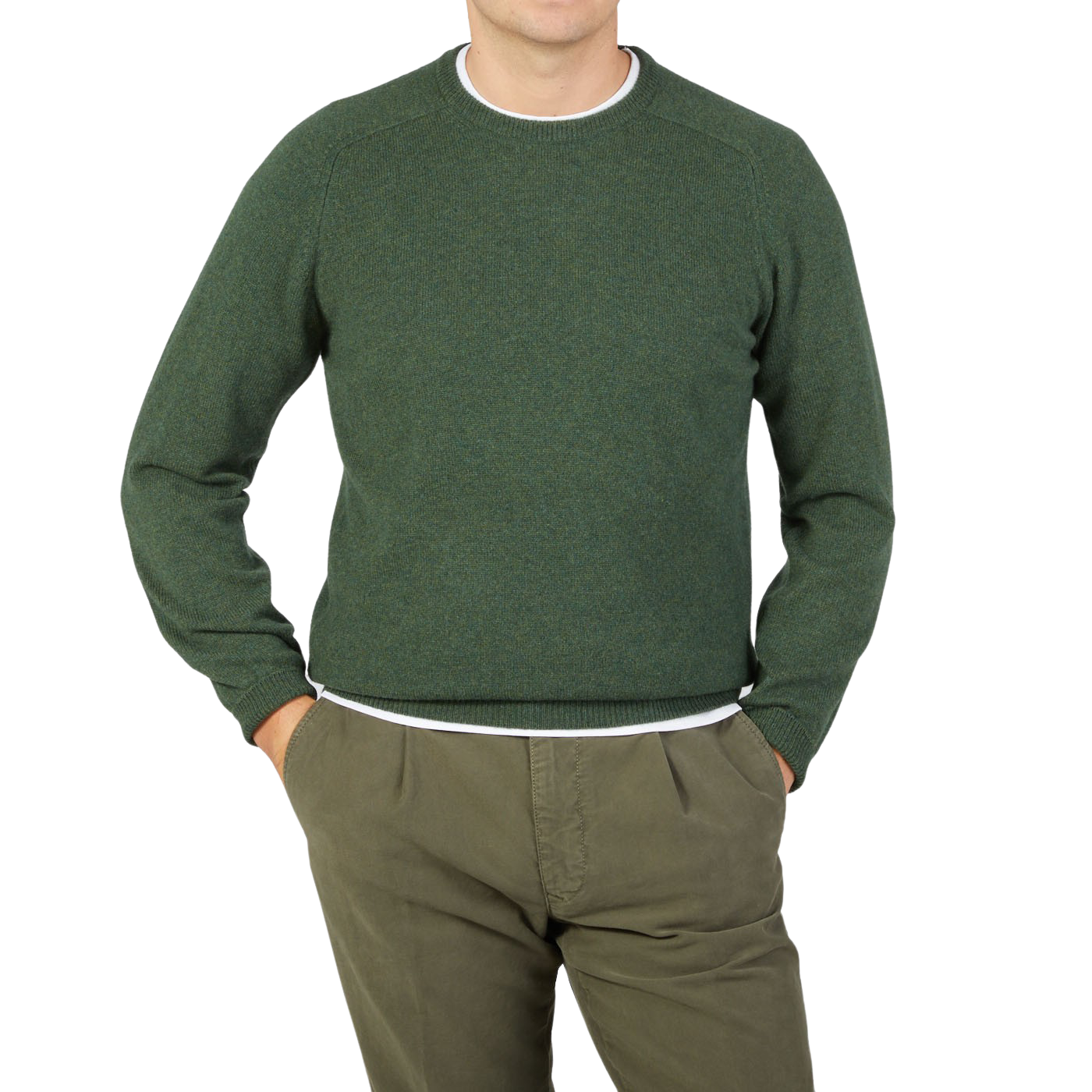 A man wearing an Alan Paine Rosemary Green Lambswool Crew Neck sweater, paired with khaki pants.