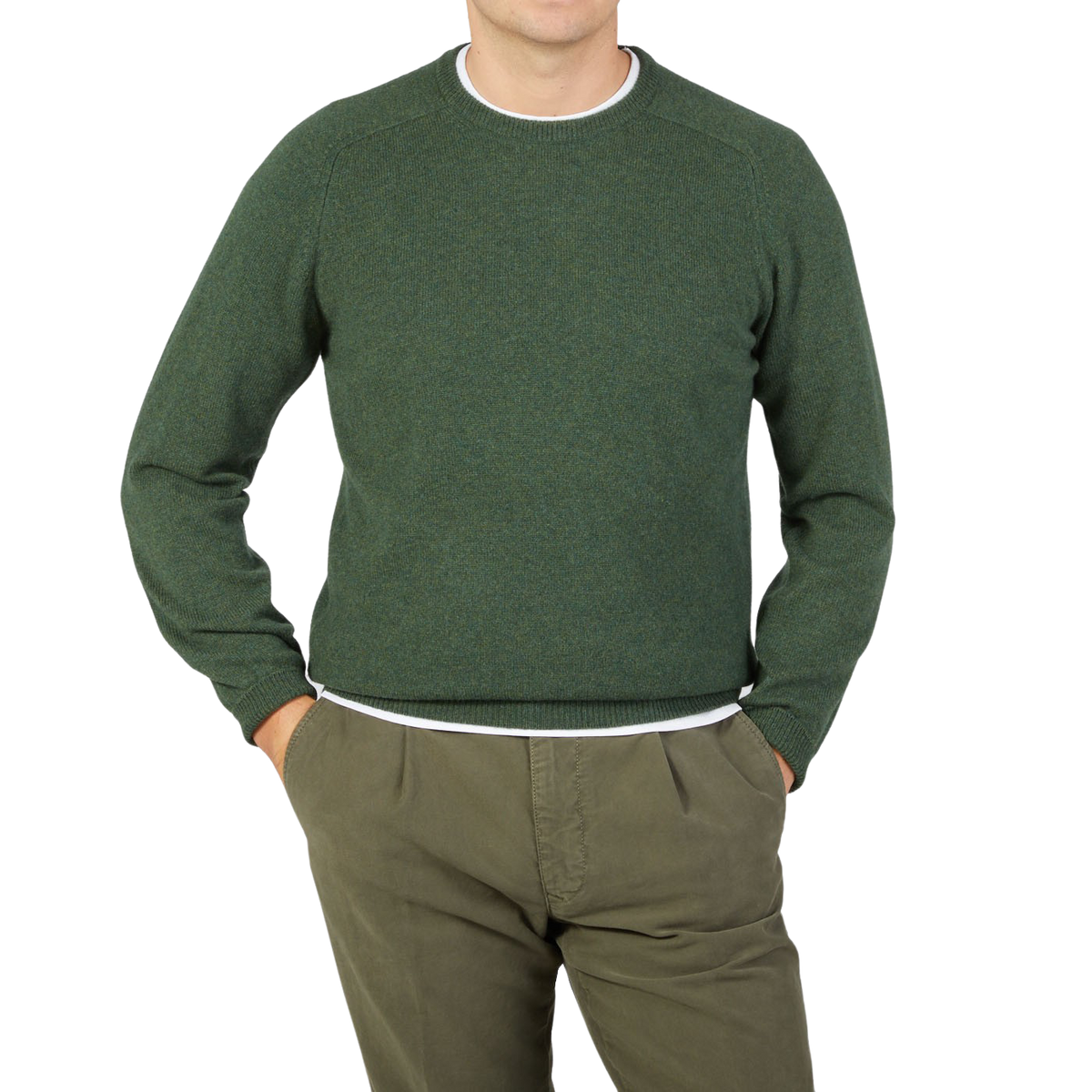 A man wearing an Alan Paine Rosemary Green Lambswool Crew Neck sweater, paired with khaki pants.