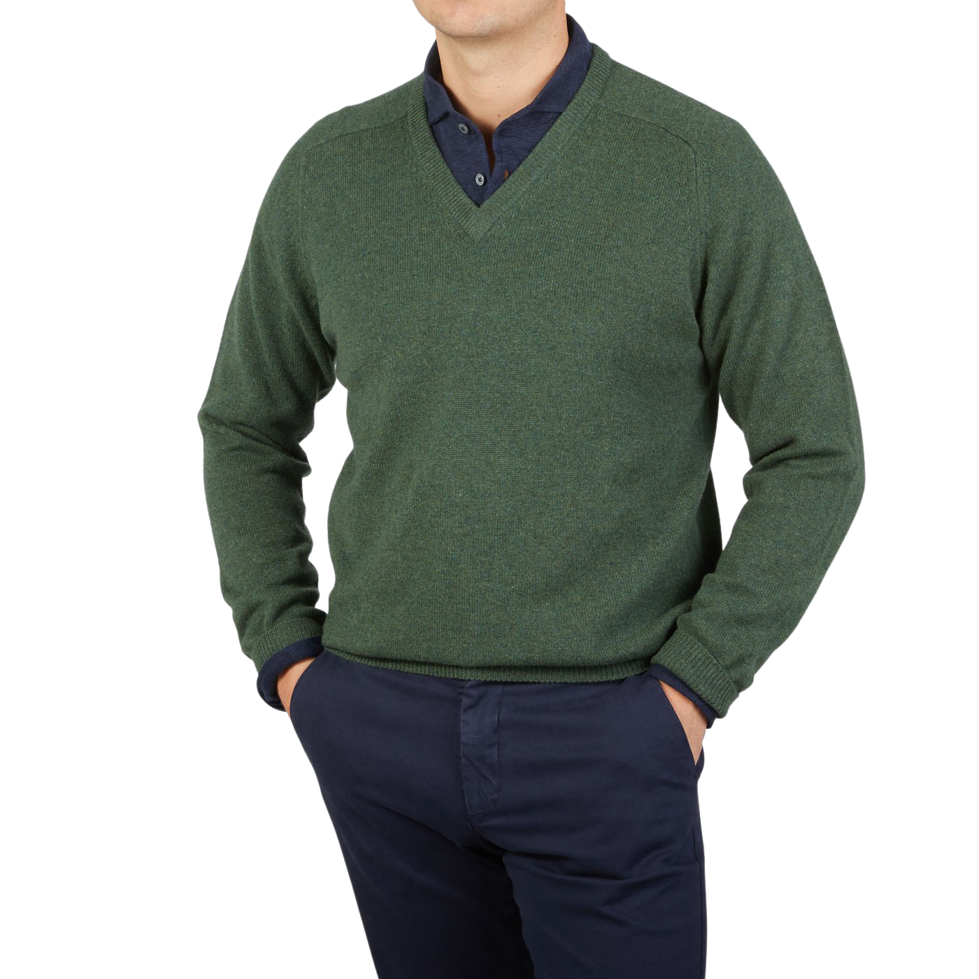 A contemporary man wearing an Alan Paine Rosemary Green Lambswool V-Neck sweater.