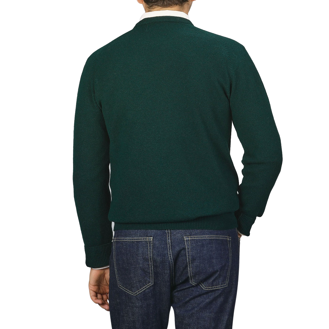 Back view of a person wearing an Alan Paine Tartan Green Lambswool Crew Neck sweater and blue denim jeans, standing against a plain background.