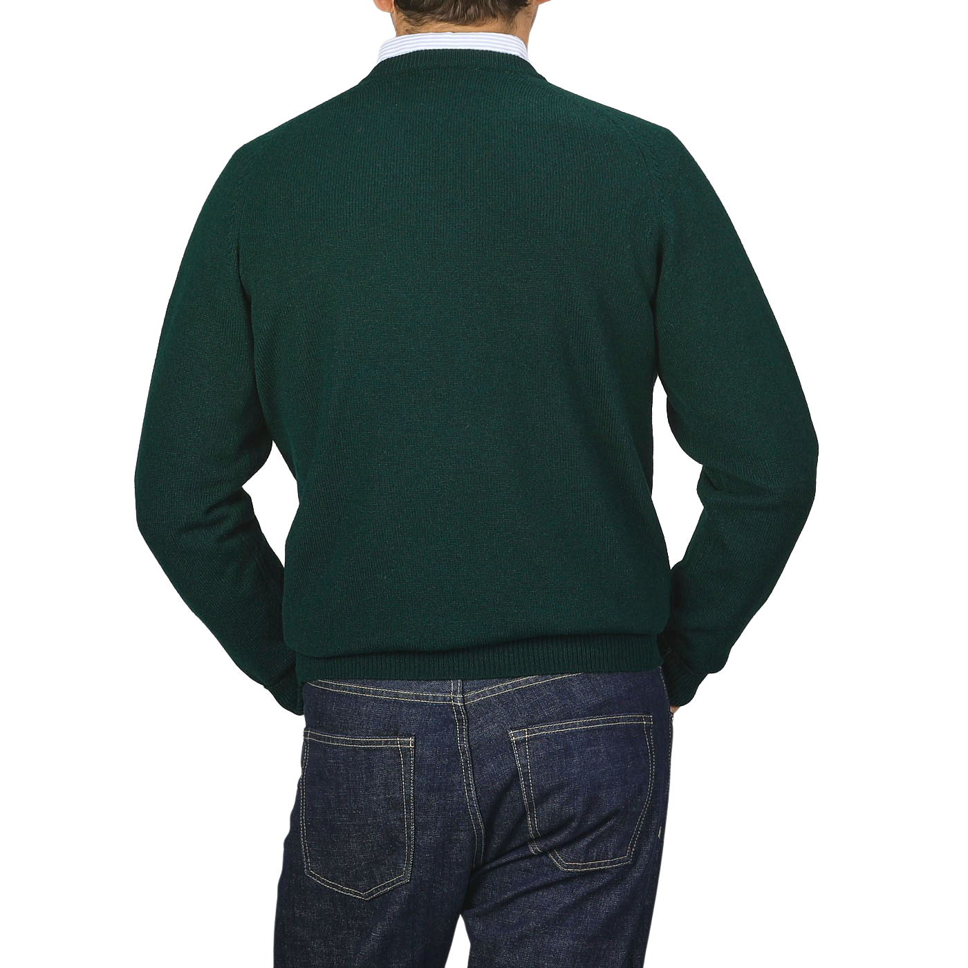 A person wearing an Alan Paine Tartan Green Lambswool V-Neck and blue jeans, standing with their back to the camera.