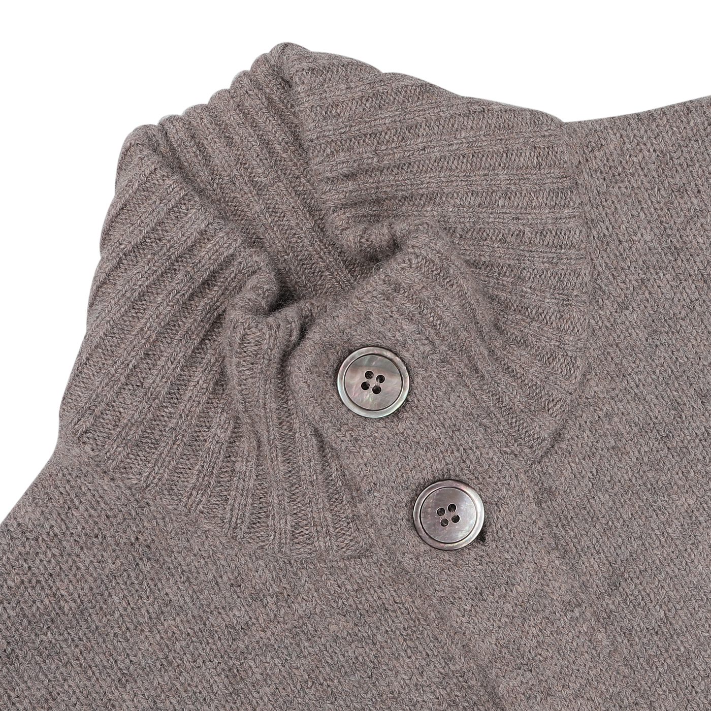 A close-up of the taupe beige Alan Paine Landford lambswool cardigan showcases a ribbed collar and two large buttons.