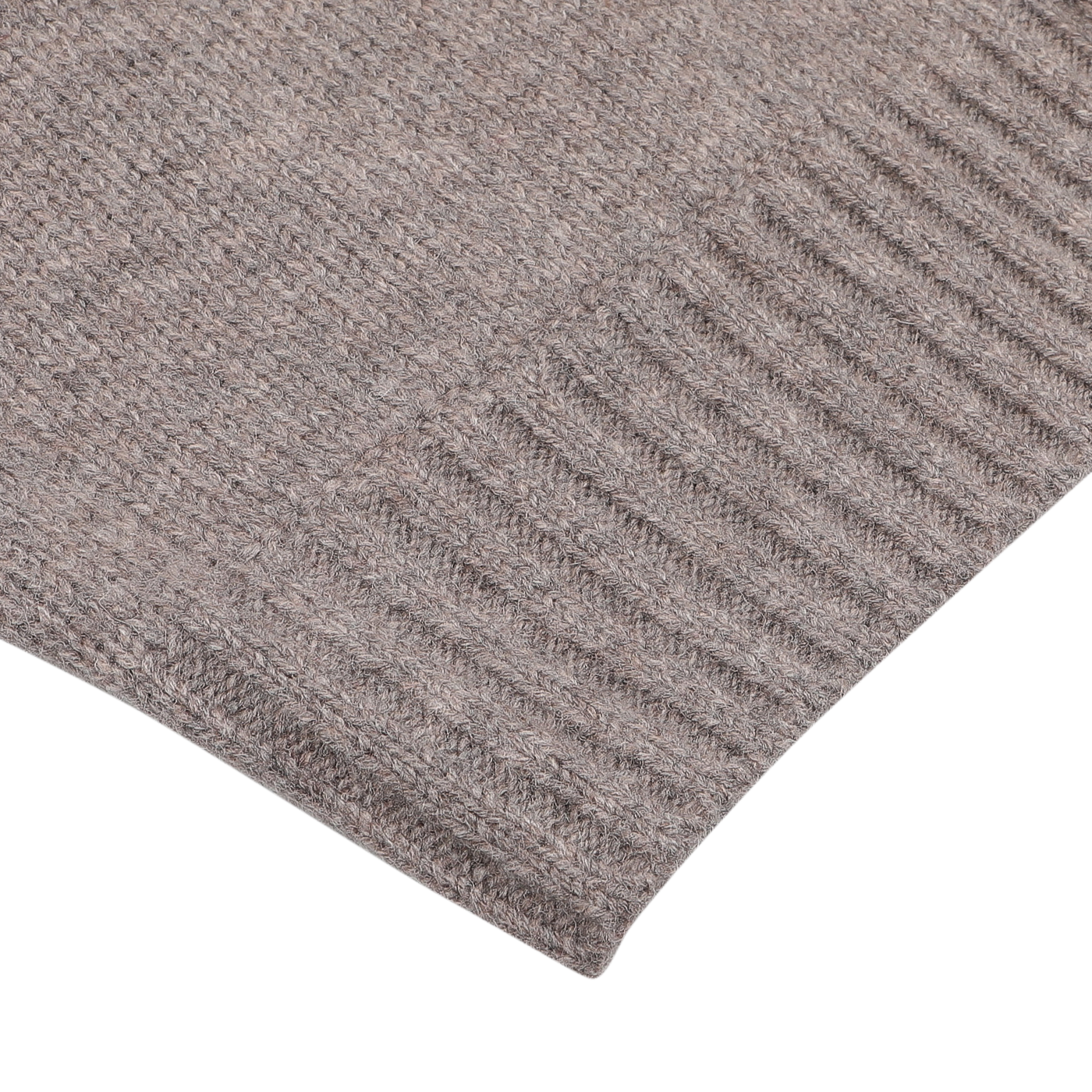 Close-up of a taupe beige knitted fabric, reminiscent of an Alan Paine Landford lambswool cardigan, with a ribbed texture running along the border.