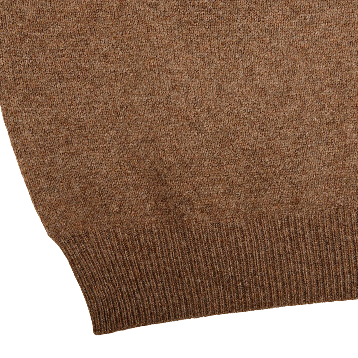 Close-up of the hem of the Alan Paine Tobacco Brown Lambswool Crew Neck, showing a ribbed knit pattern.