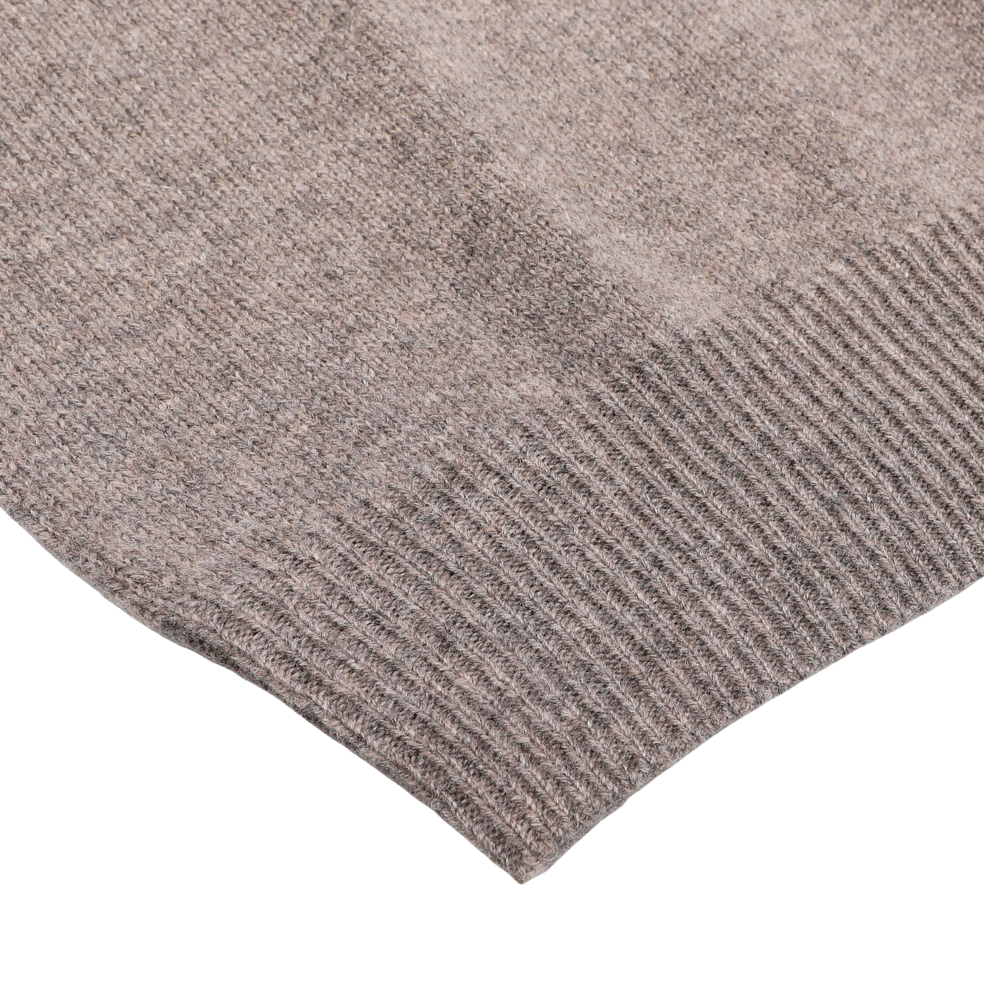 Close-up of the Vole Beige Lambswool V-Neck from Alan Paine, highlighting the texture and stitching detail of the gray knitted fabric with a ribbed hem.