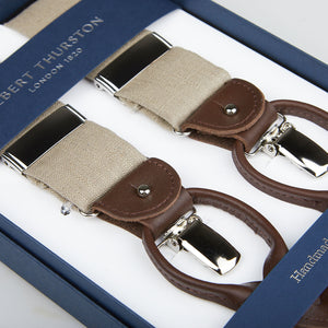 Luxury Beige Linen Brown Leather 35mm Braces with silver clips, displayed in an elegant box with Albert Thurston branding.