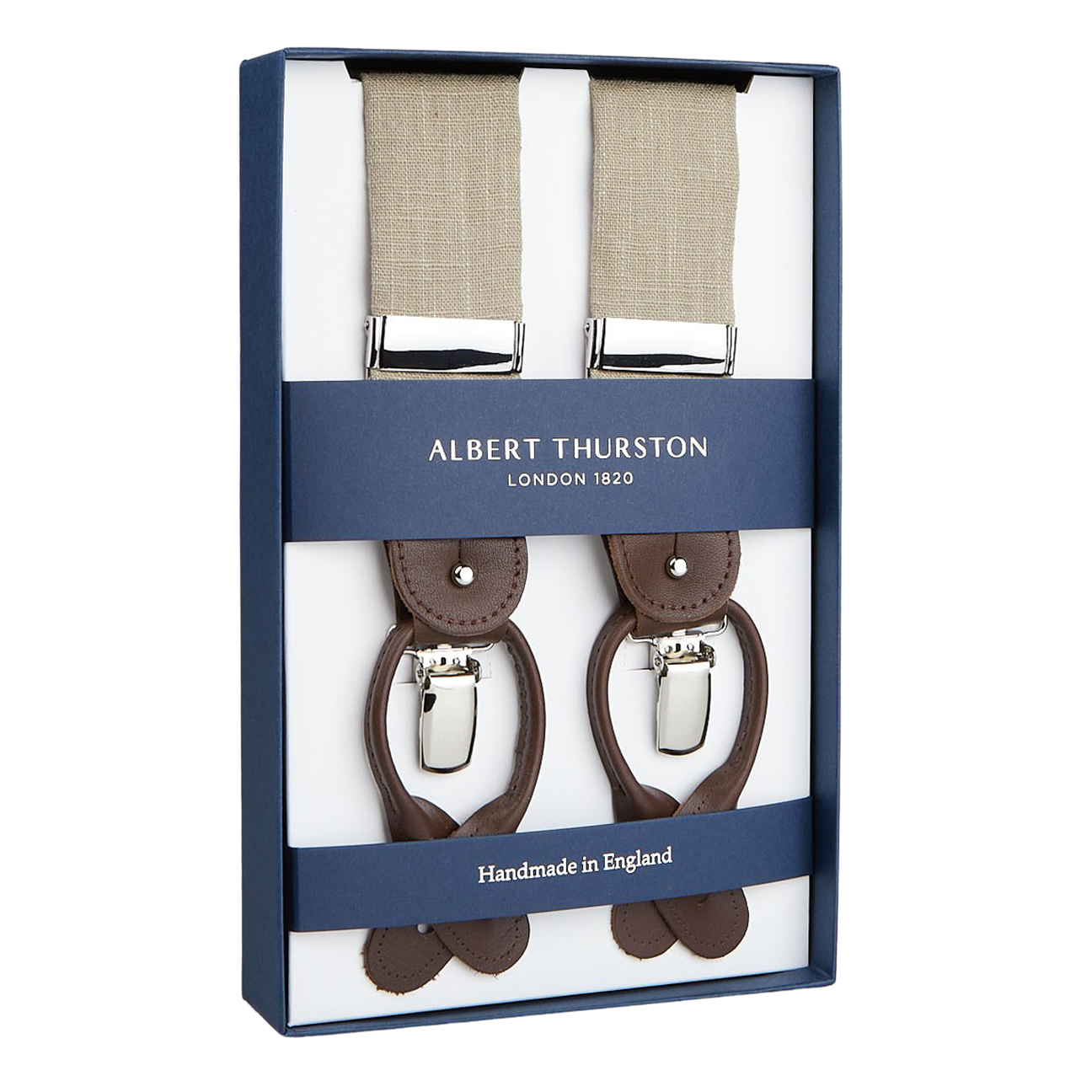 A pair of Albert Thurston Beige Linen Brown Leather 35mm Braces displayed in a box.