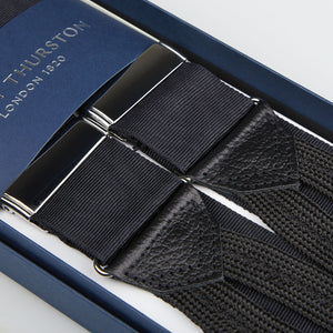 Black James Bond Moiré 38 mm Albert Thurston braces with silver clips, neatly presented in a blue box labeled "Albert Thurston London 1820.