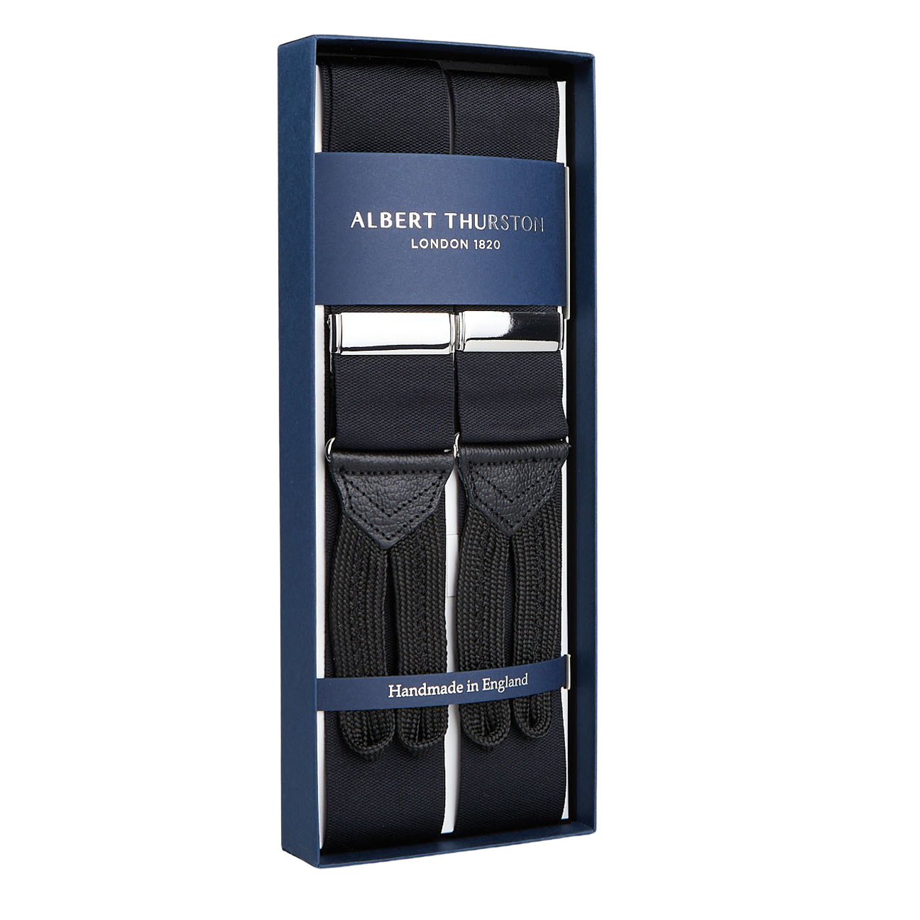 A pair of handmade Albert Thurston Black Nylon Leather 40mm Braces displayed in an elegant box.