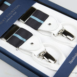 Elegant Albert Thurston Blue Eton Stripe Wall Street 40 mm Braces with silver clips and white leather details, inspired by Gordon Gekko, presented in a branded blue box.