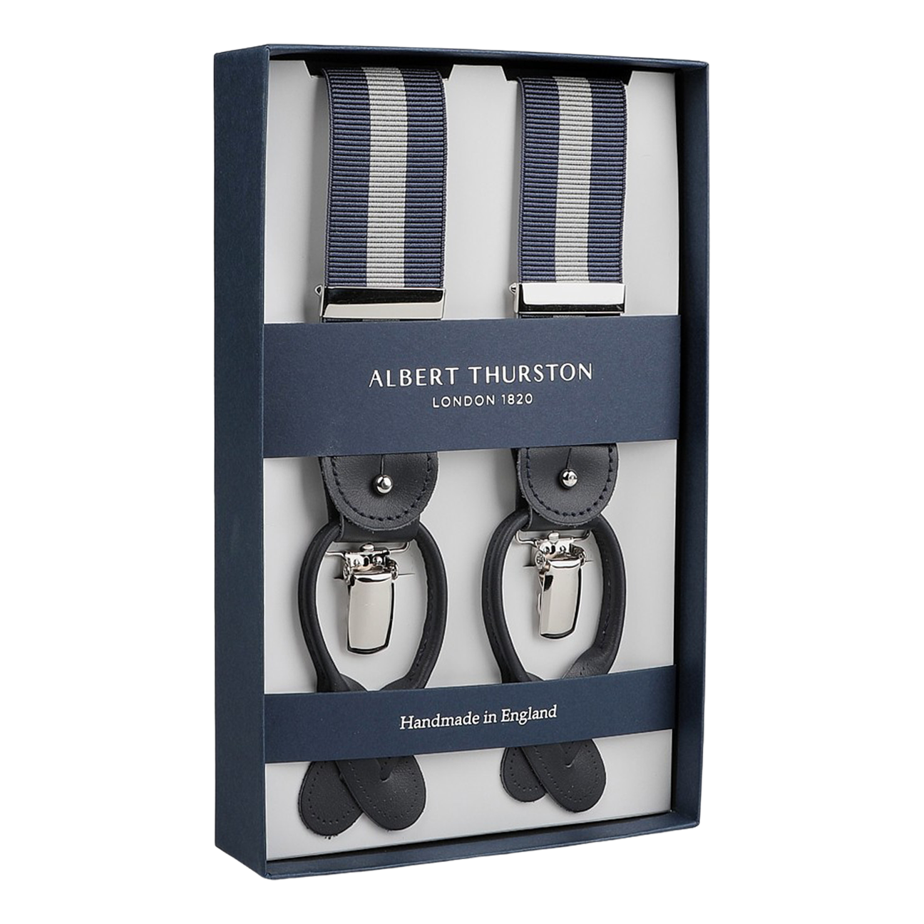 This set of Albert Thurston's Blue Grey Striped Nylon 35 mm Braces features a stylish combination of blue and gray stripes, complemented by black leather accents and silver clasps. Expertly crafted from premium materials, these braces proudly bear the label "Handmade in England.