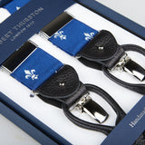 A pair of Blue with White French Lily 40 mm Braces with leather details, displayed in a box labeled "Albert Thurston.