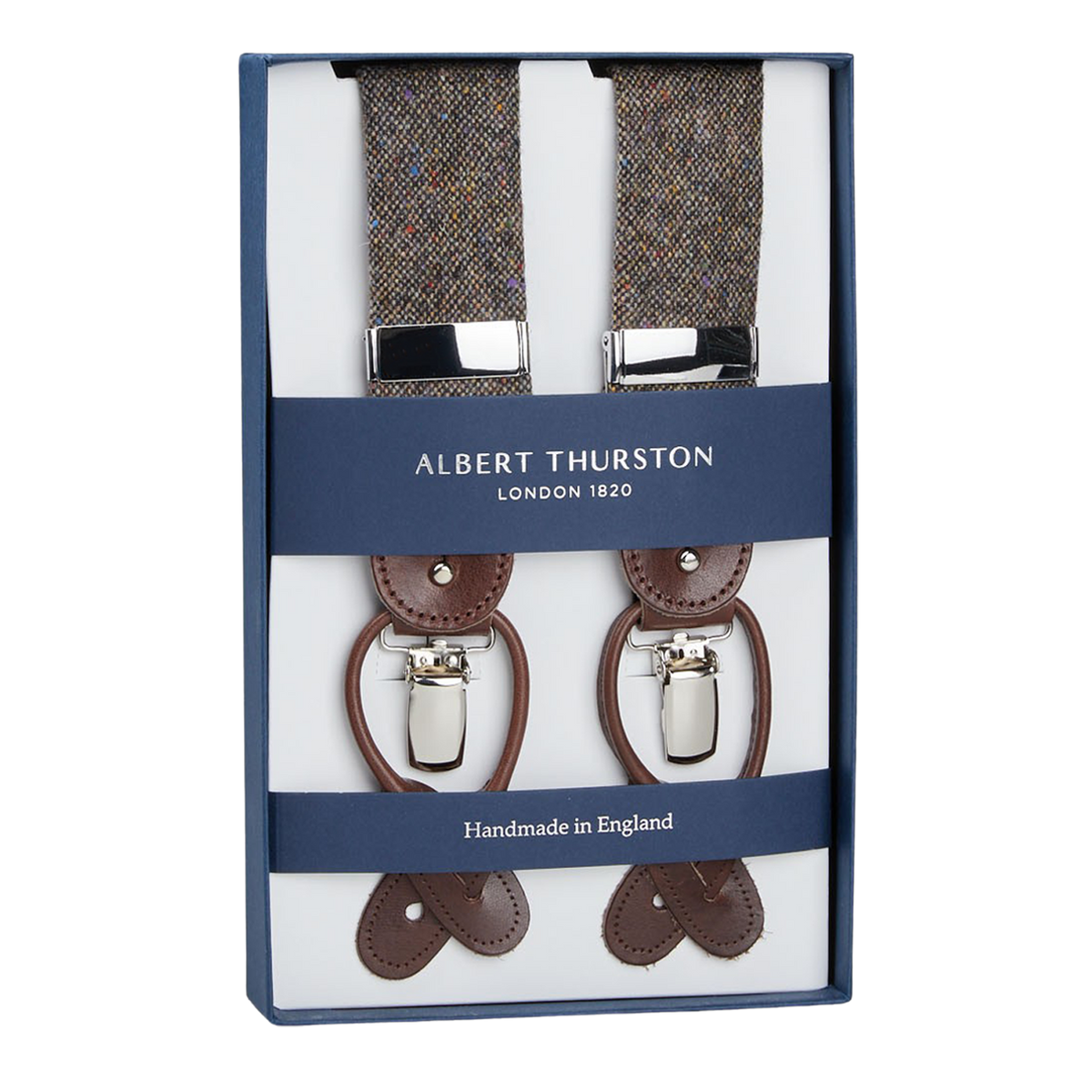 Albert Thurston is renowned for their exceptional craftsmanship in handmade braces. These Brown Donegal Tweed 35mm Braces from Albert Thurston are a true testament to their expertise. Elevate your style and keep your trousers secure.