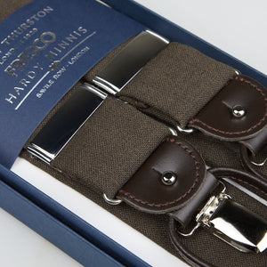 Handmade Brown Fresco Wool Leather 35 mm Braces with silver clasps, displayed in a navy blue box with Albert Thurston brand name.
