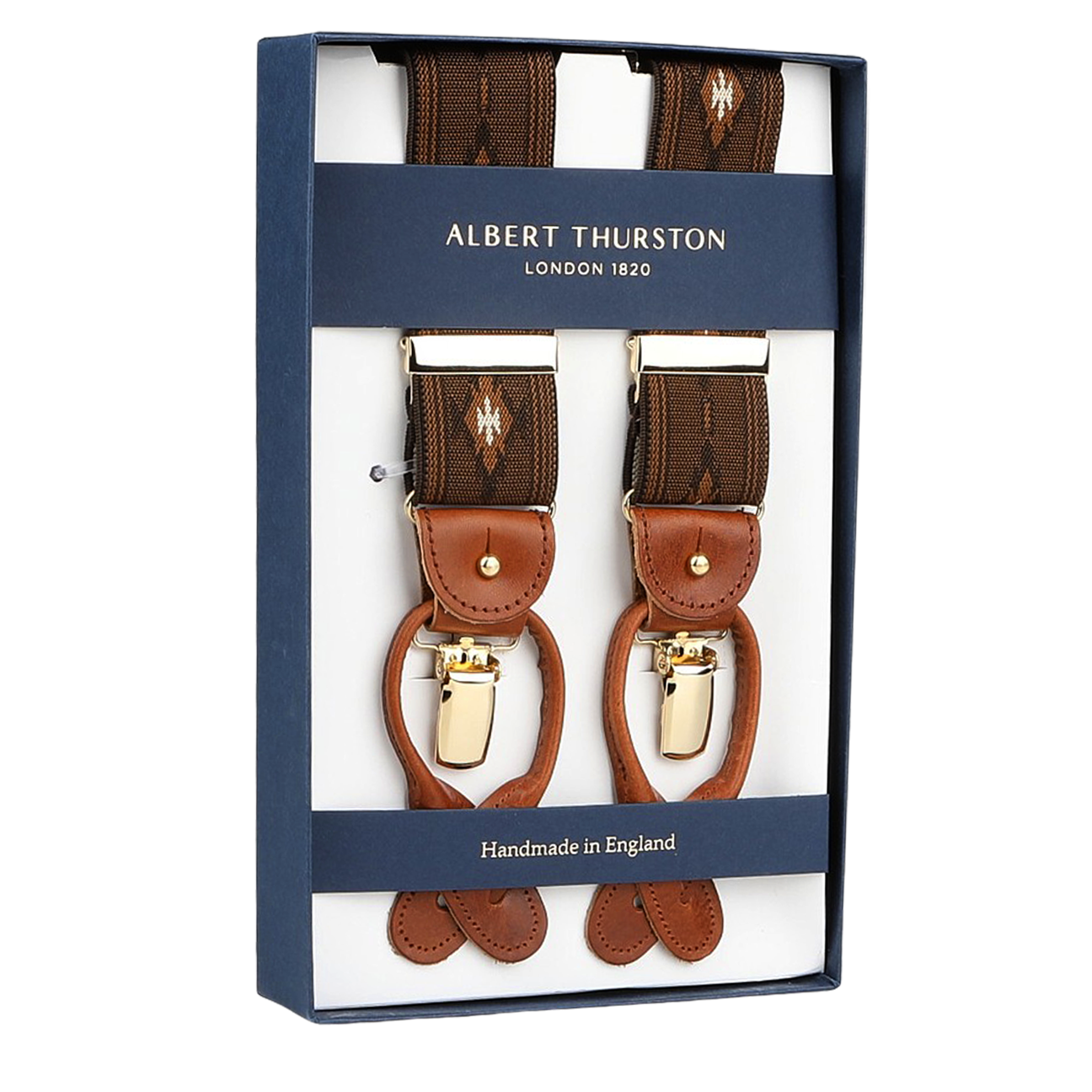 Albert Thurston's Brown Western Pattern Nylon Elastic 35mm Braces feature brown leather accents and a decorative pattern, elegantly labeled "Handmade in England.