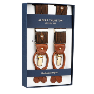 Albert Thurston's Brown Western Pattern Nylon Elastic 35mm Braces feature brown leather accents and a decorative pattern, elegantly labeled "Handmade in England.