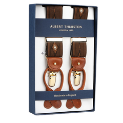 Albert Thurston's Brown Western Pattern Nylon Elastic 35mm Braces feature brown leather accents and a decorative pattern, elegantly labeled "Handmade in England.