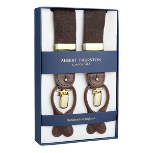 A boxed Albert Thurston Brown Wool Flannel 35 mm Braces set with leather fittings, handmade in England.