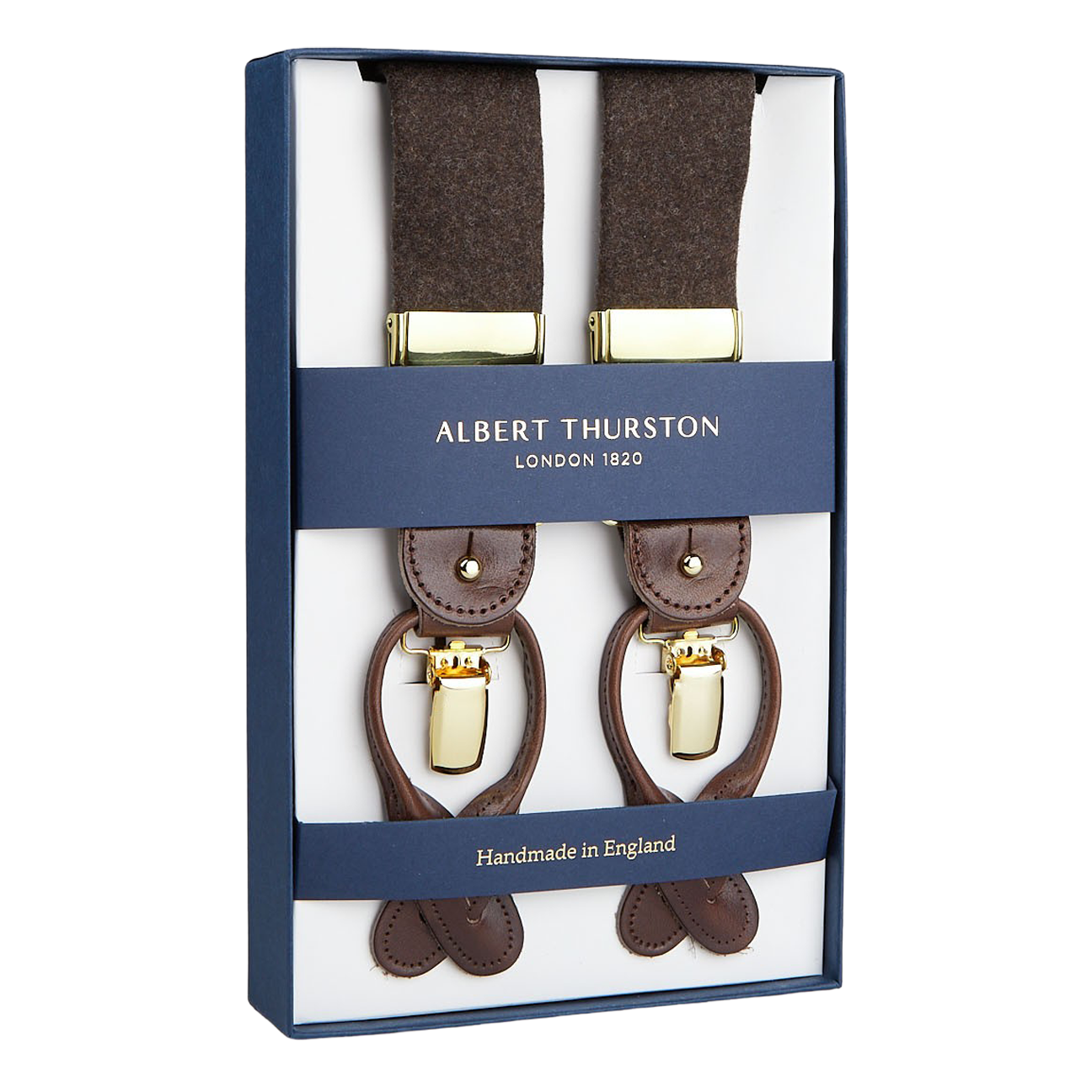 A boxed Albert Thurston Brown Wool Flannel 35 mm Braces set with leather fittings, handmade in England.