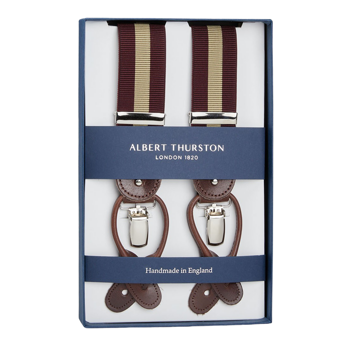 A pair of handmade brown and Burgundy-Beige Striped Nylon 35mm Braces by the British brand Albert Thurston, packaged in a box.