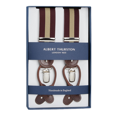 A pair of handmade brown and Burgundy-Beige Striped Nylon 35mm Braces by the British brand Albert Thurston, packaged in a box.