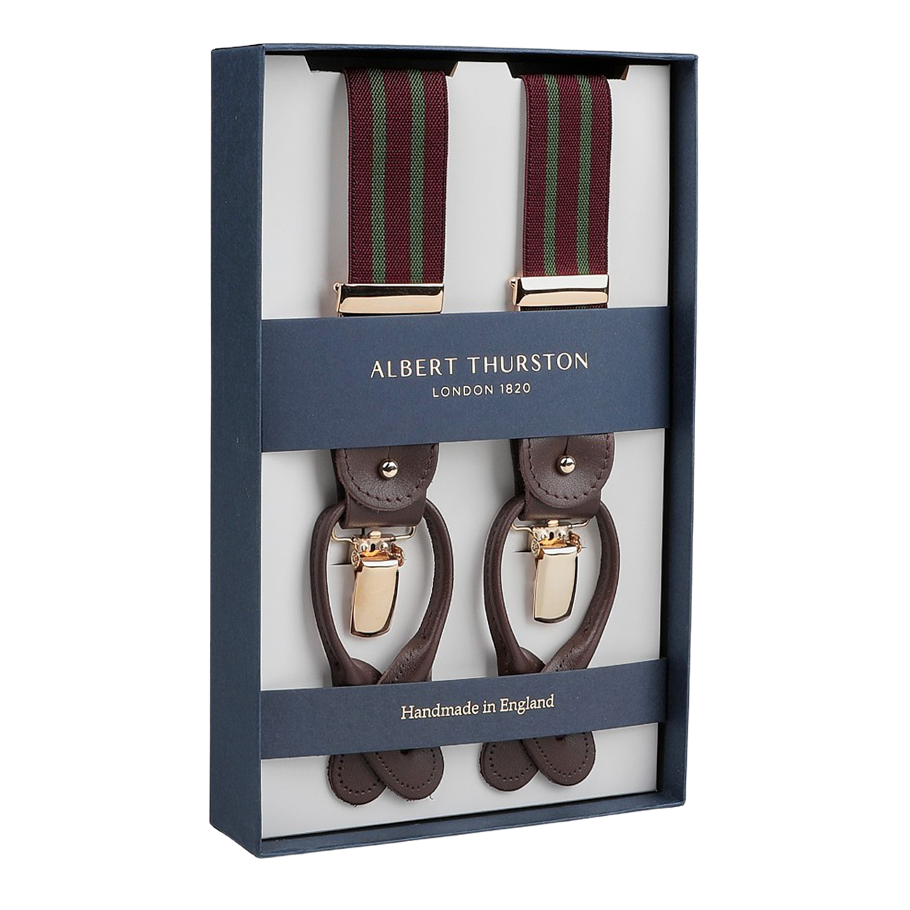 This exquisite box features Albert Thurston's handmade suspenders, the Burgundy Green Striped Nylon 30 mm Braces, with brown leather accents and gold clips.