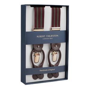 This exquisite box features Albert Thurston's handmade suspenders, the Burgundy Green Striped Nylon 30 mm Braces, with brown leather accents and gold clips.