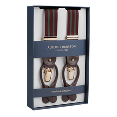 This exquisite box features Albert Thurston's handmade suspenders, the Burgundy Green Striped Nylon 30 mm Braces, with brown leather accents and gold clips.