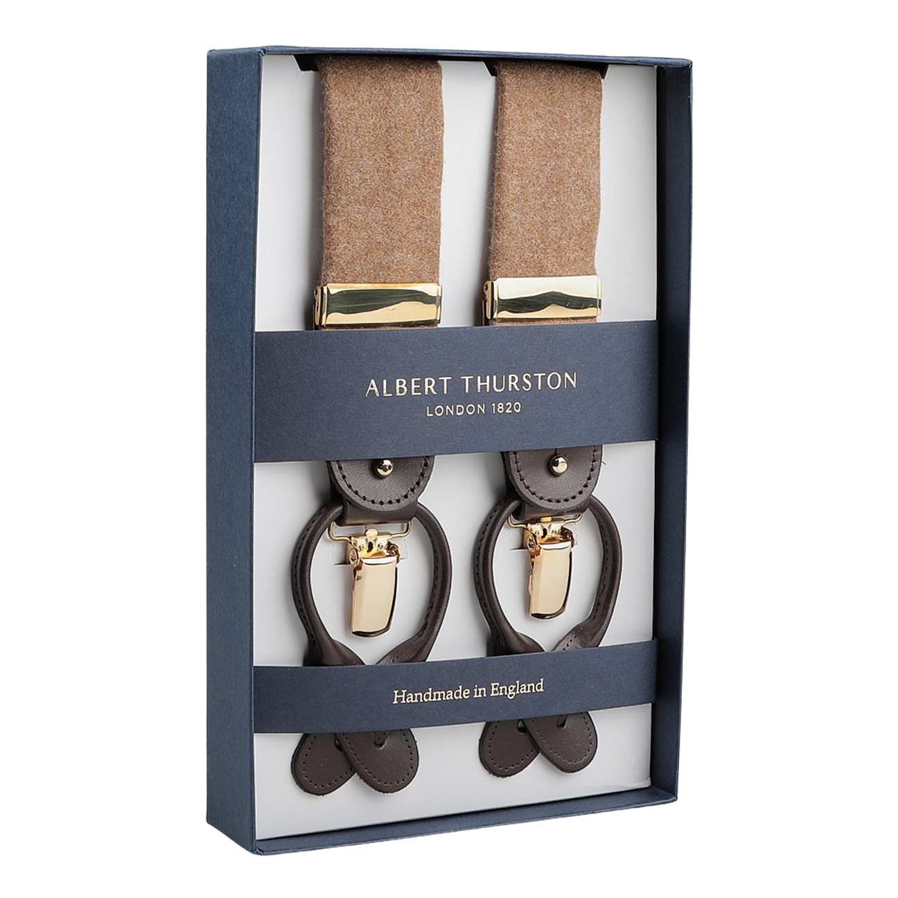 A boxed set of Albert Thurston's Camel Beige Wool Flannel 35 mm Braces, crafted with brown leather and gold clips and elegantly labeled "Handmade in England.