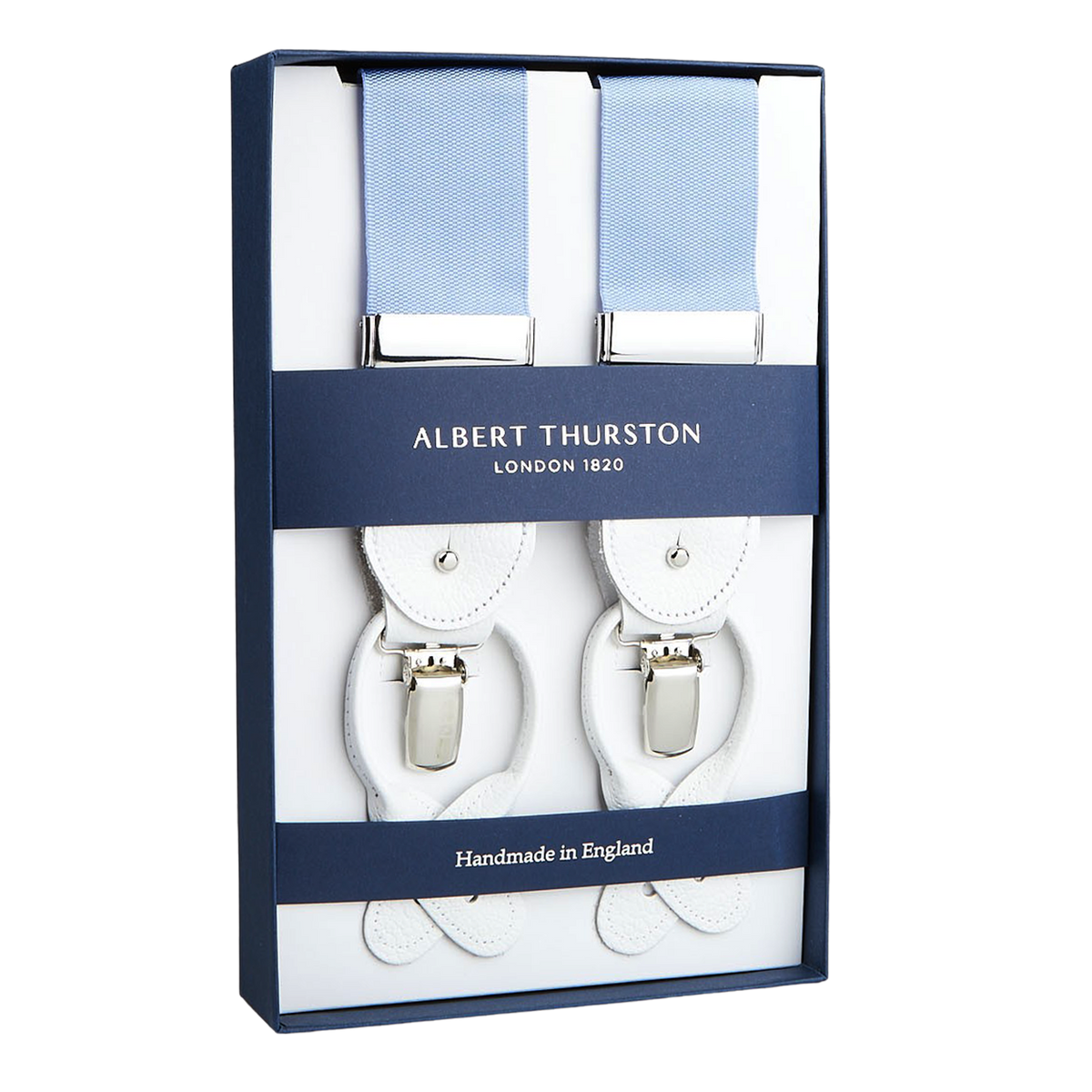 A pair of Albert Thurston Crayon Blue Nylon White Leather 40 mm braces displayed in a box, indicating they are crafted from stretchable nylon fabric in England.