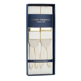 A pair of Cream Moiré 38 mm braces, also known as suspenders, in an Albert Thurston box perfect for a black-tie party.