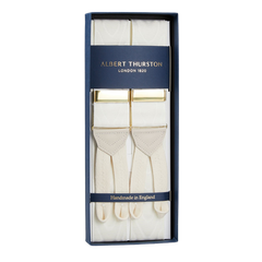 A pair of Cream Moiré 38 mm braces, also known as suspenders, in an Albert Thurston box perfect for a black-tie party.