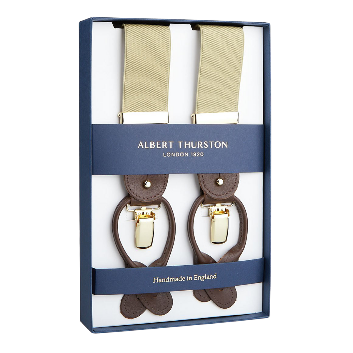 A pair of handmade Albert Thurston Dark Beige Nylon Elastic 35mm braces in a presentation box, highlighting their English craftsmanship.