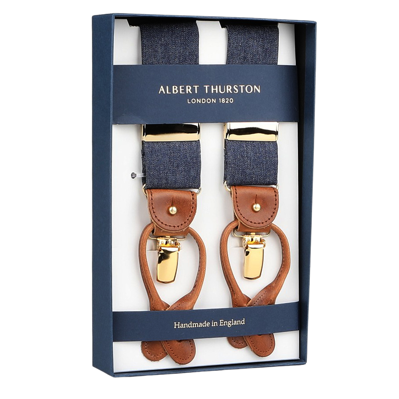 Albert Thurston's Denim Blue Cotton Cognac Leather 38mm Braces feature a handmade English design with denim-blue cotton, brown leather accents, and gold-toned clips.